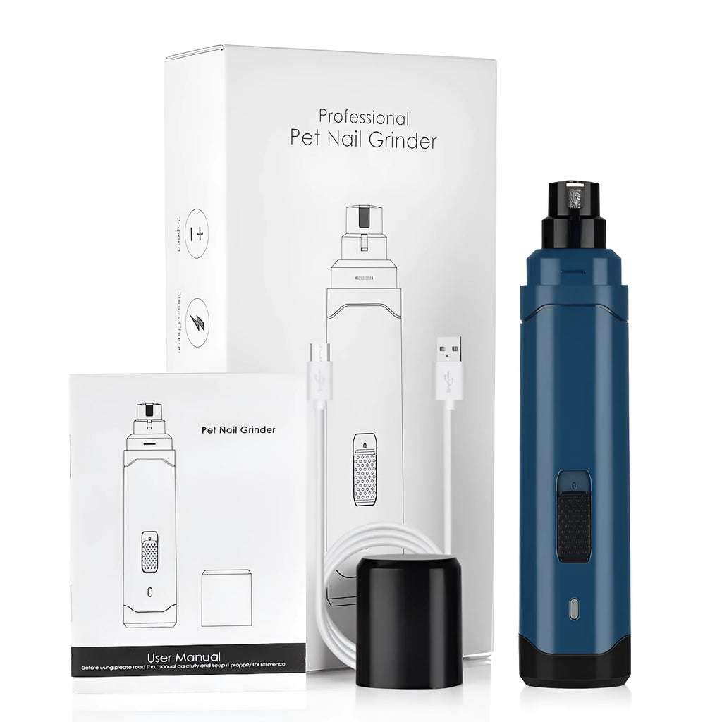 Blue pet nail polisher with USB cable on white background, compact size 17x10x4.2cm