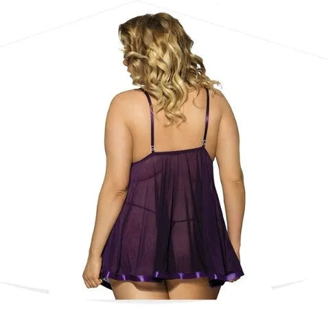 Women's purple lace sling dress sleepwear with mesh panels on mannequin