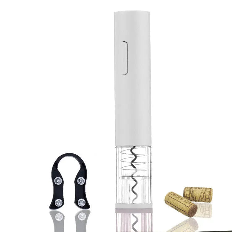 Automatic electric wine bottle opener with foil cutter in black, showing compact design and button operation