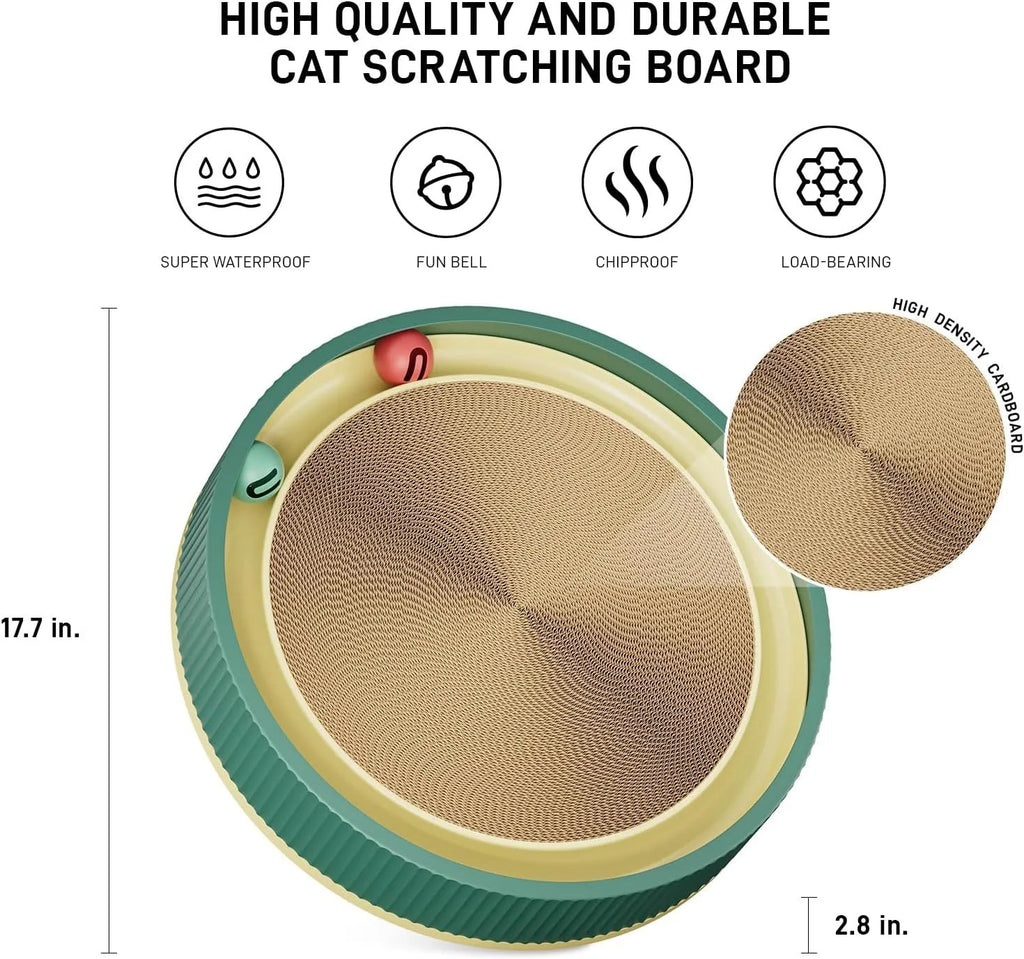 Large circular cat scratching board with green replaceable core and interactive bell toys
