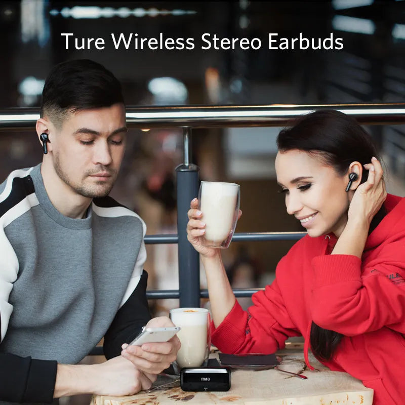 Black and white true wireless stereo earbuds with in-ear design and Bluetooth 5.0.