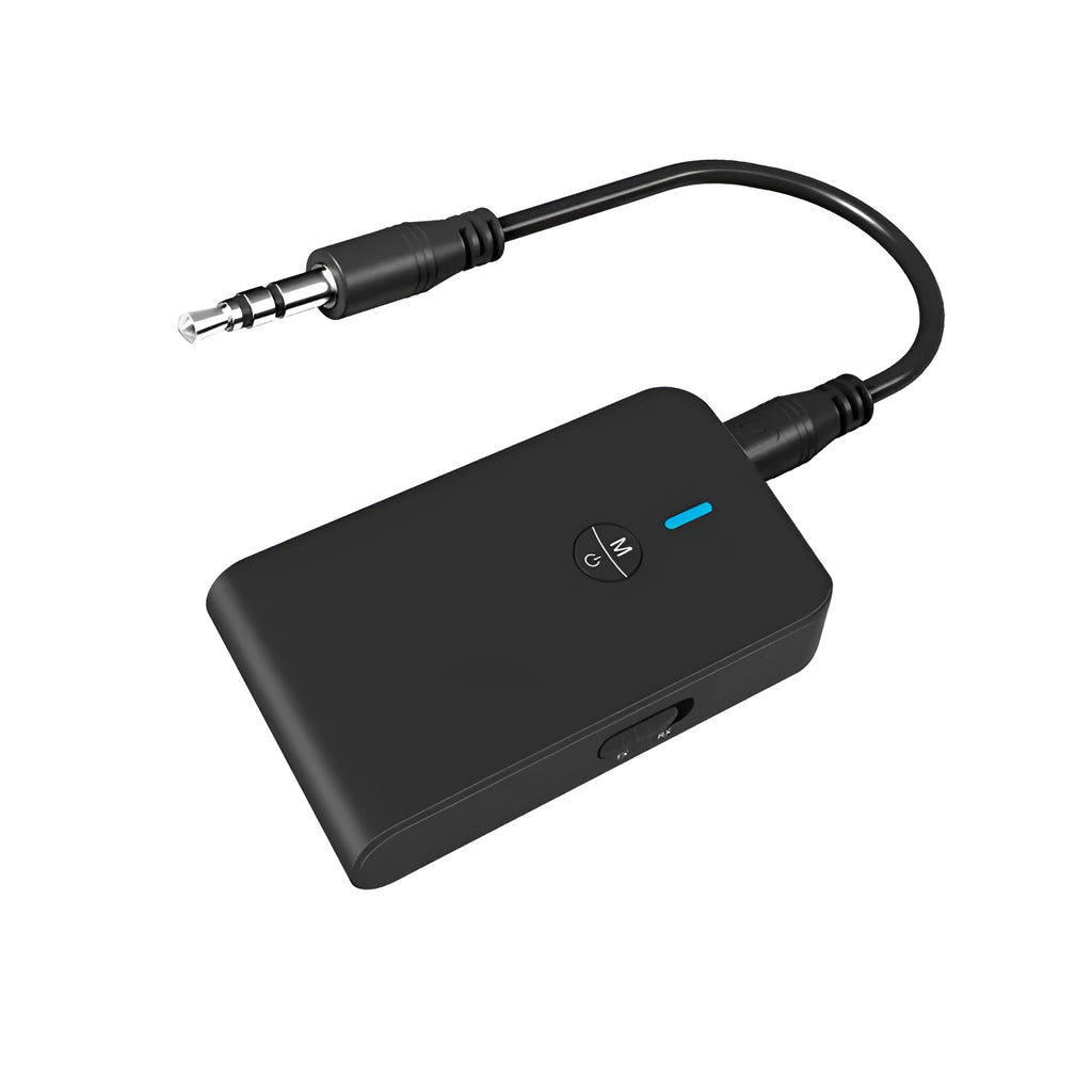 Black Bluetooth audio adapter with 3.5mm AUX jack for wireless music streaming to car and home stereo systems