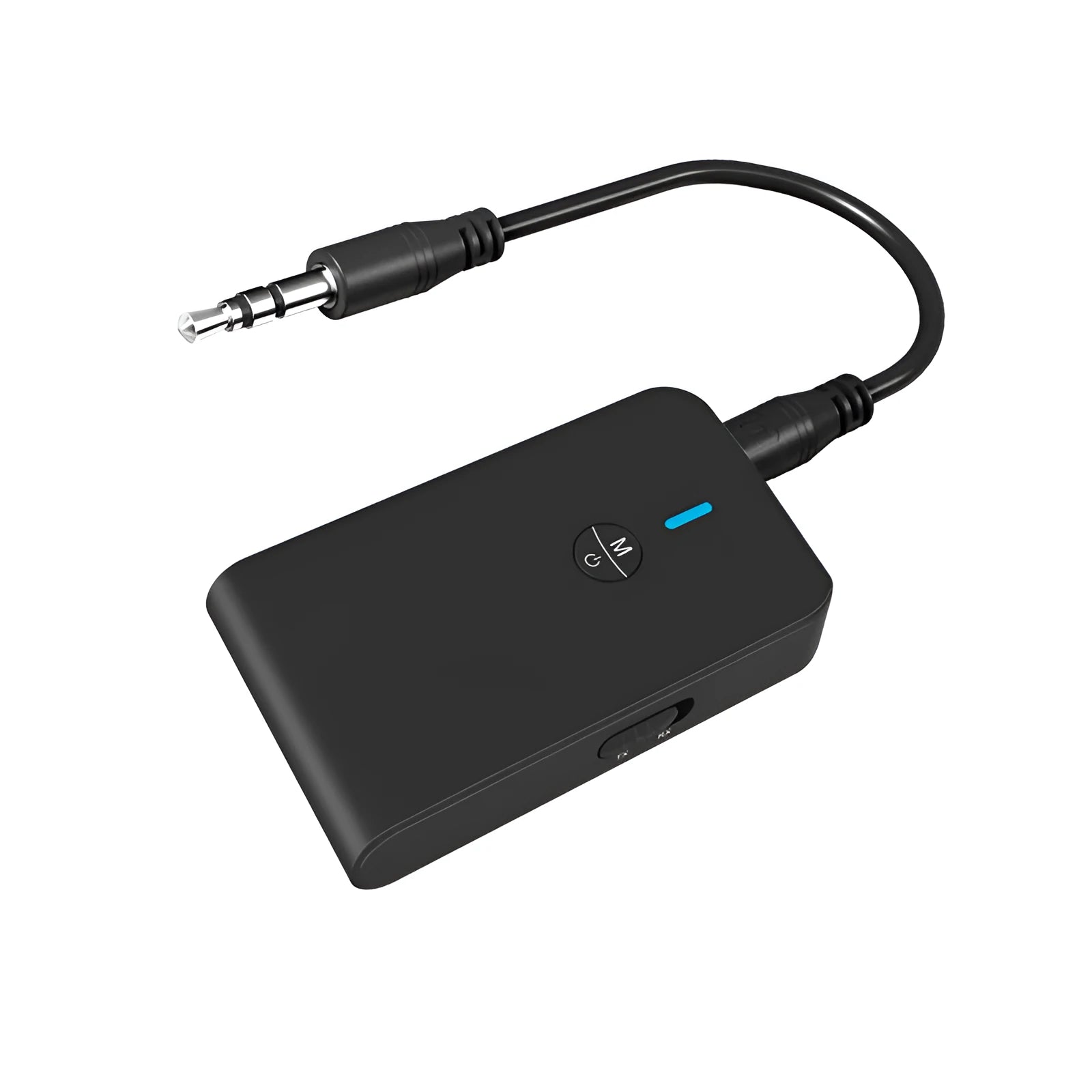 Black Bluetooth audio adapter with 3.5mm AUX jack for wireless music streaming to car and home stereo systems
