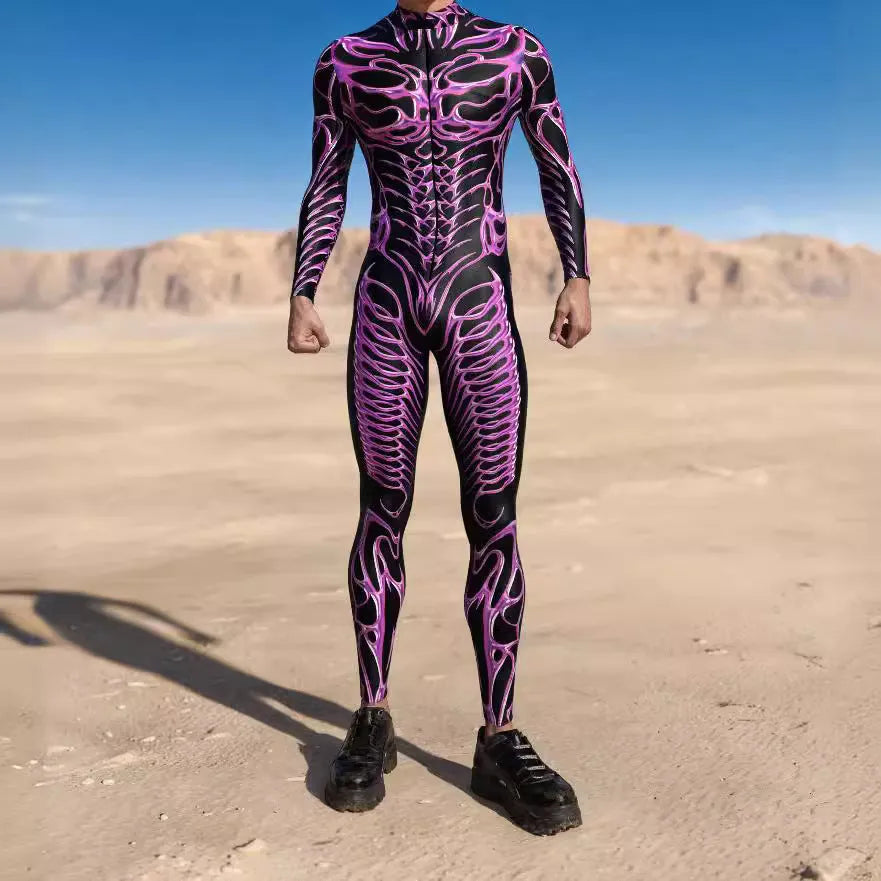 Halloween 3D digital print cosplay jumpsuit in Model 1 colour on adult model, showing full-body stretch fabric costume