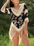 Women's apricot V-neck sun protection blouse with hollow-out design and long sleeves for beach
