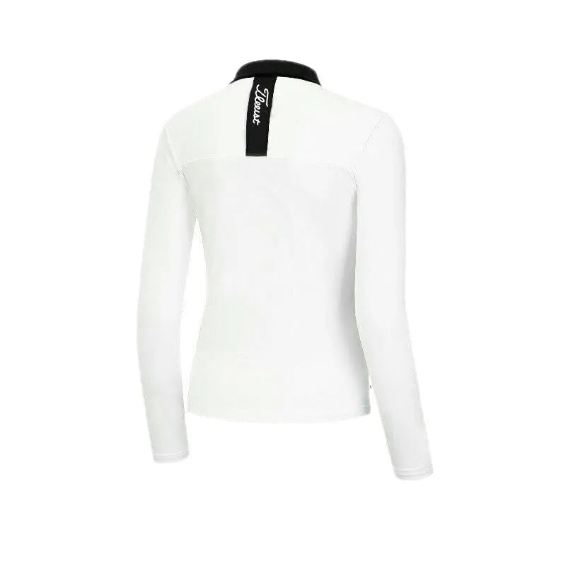 Women's white long sleeve golf top made from polyester sportswear fabric for outdoor activities