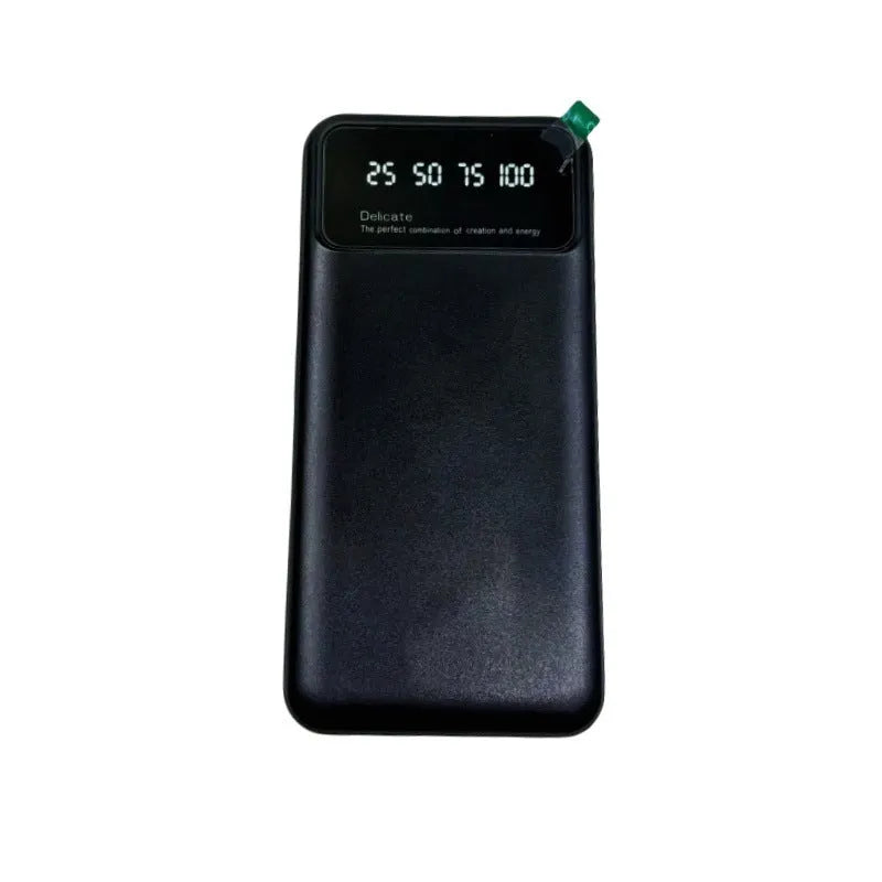 Black ultra-thin fast charging power bank with 10000mAh capacity measuring 67x14x140mm