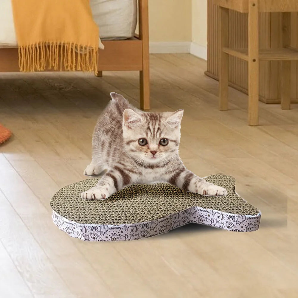 Corrugated paper cat scratcher toy in fish shape size 28x15x2.5cm for claw grinding.