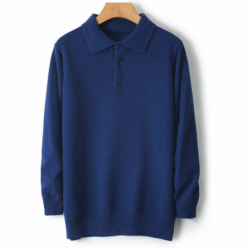 Men's grey wool pullover sweater with a polo collar and long sleeves laid flat.