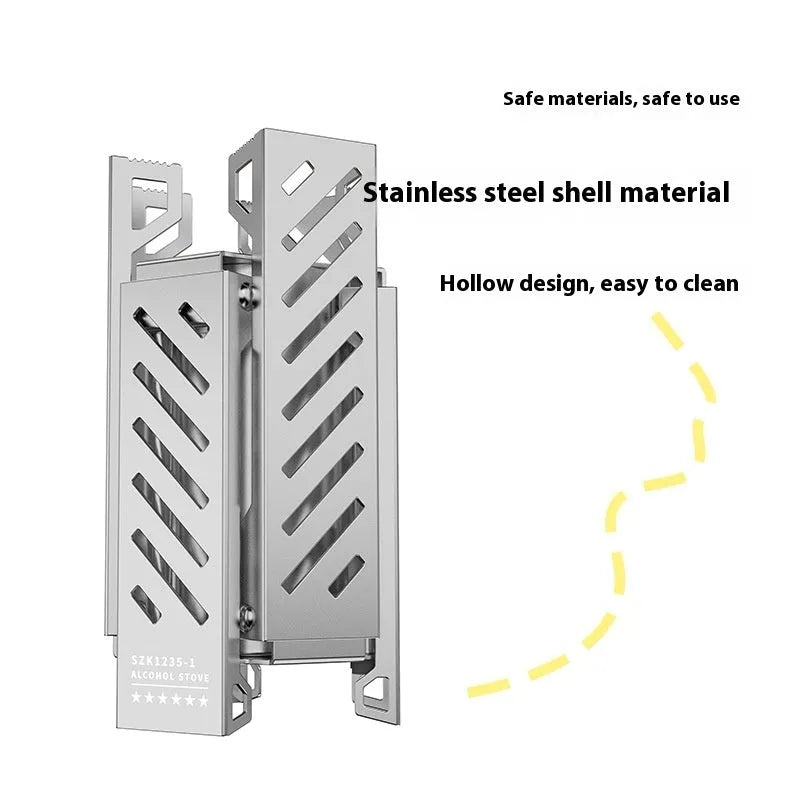 Hexagon foldable alcohol camping stove showing black colour option with dimensions
