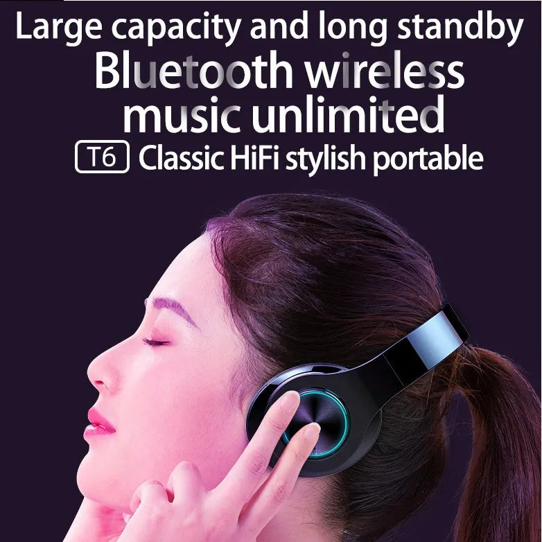 Black T6 wireless Bluetooth over-ear headset with microphone shown on a stand.