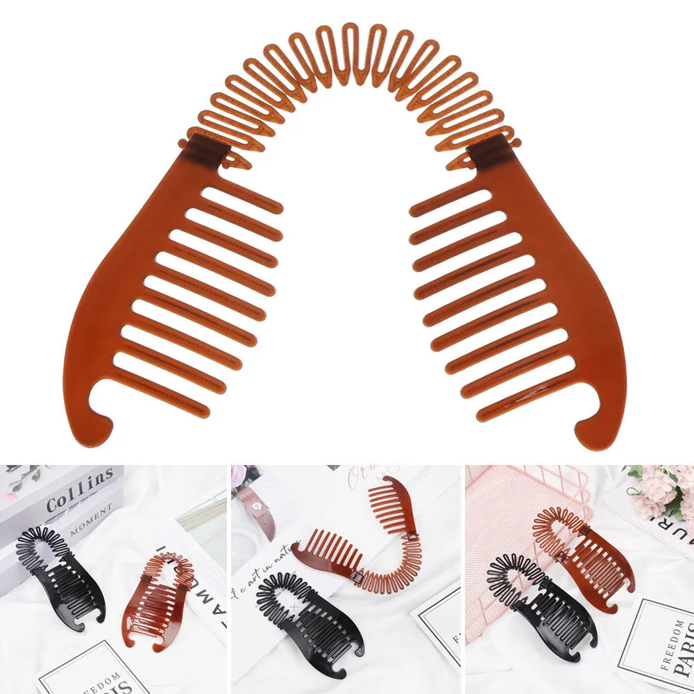 Retro fish-shaped plastic hair claw clip with metal crab clip, 13.5cm, black or brown, adjustable band