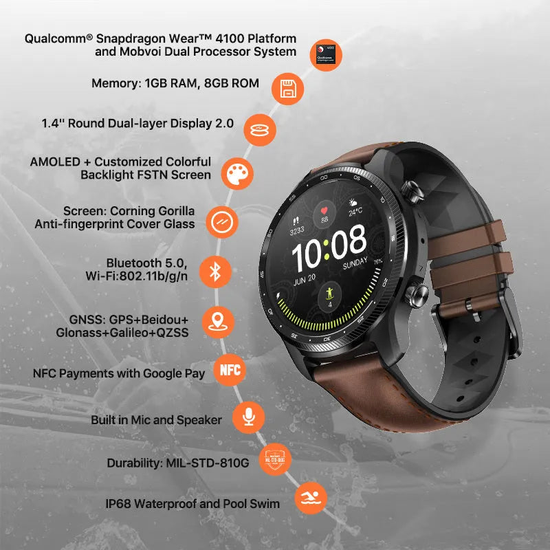Ticwatch Pro X black smart watch with round display showing fitness metrics on wrist