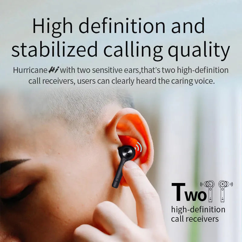 TWS Bluetooth headset in black charging case and earbuds, compact 60 x 67.5mm design with 1000-hour standby