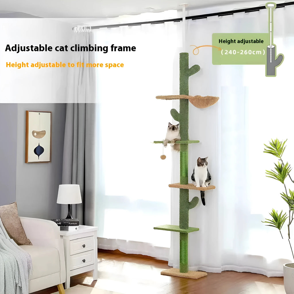 Solid wood cat climbing frame with cactus-shaped nest, scratch board, and toys measuring 240cm tall