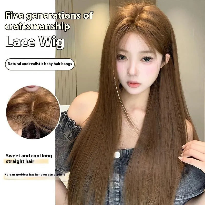 Warm brown long straight synthetic lace front wig with a centre part and side-swept bangs.