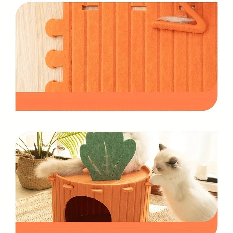 Carrot-shaped cat tunnel in thick felt fabric with semi-enclosed design for indoor cat privacy