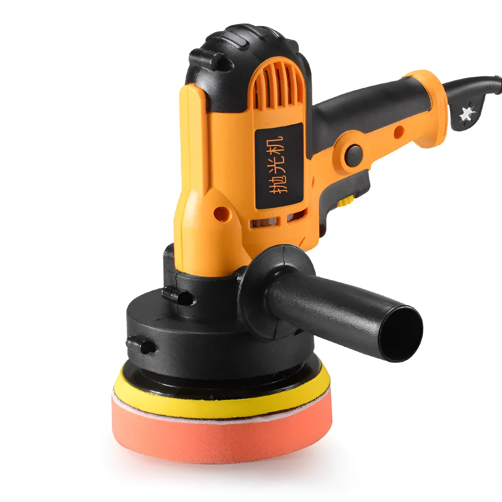 Yellow automotive polishing machine with 125mm disc on a workbench