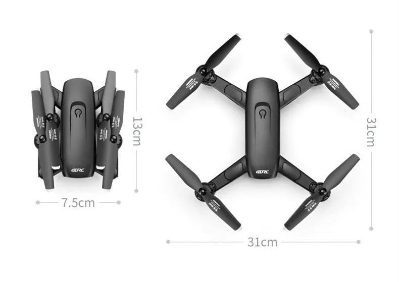 Black folding remote control aircraft with 4K front camera and 1080P bottom camera expanded