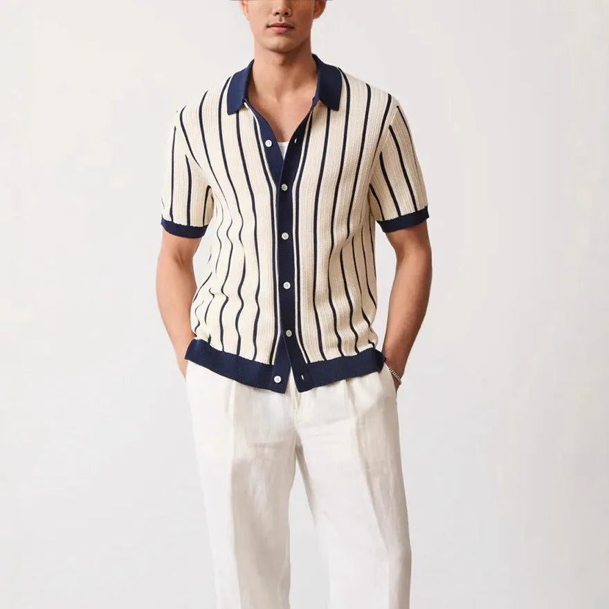 Men's white British style asymmetrical lapel knitted top with short sleeves and stripe pattern