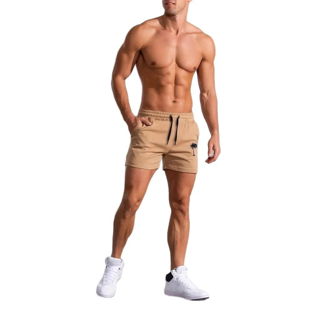 Men's khaki coconut print sports shorts with straight cut design and micro-elastic polyester fabric