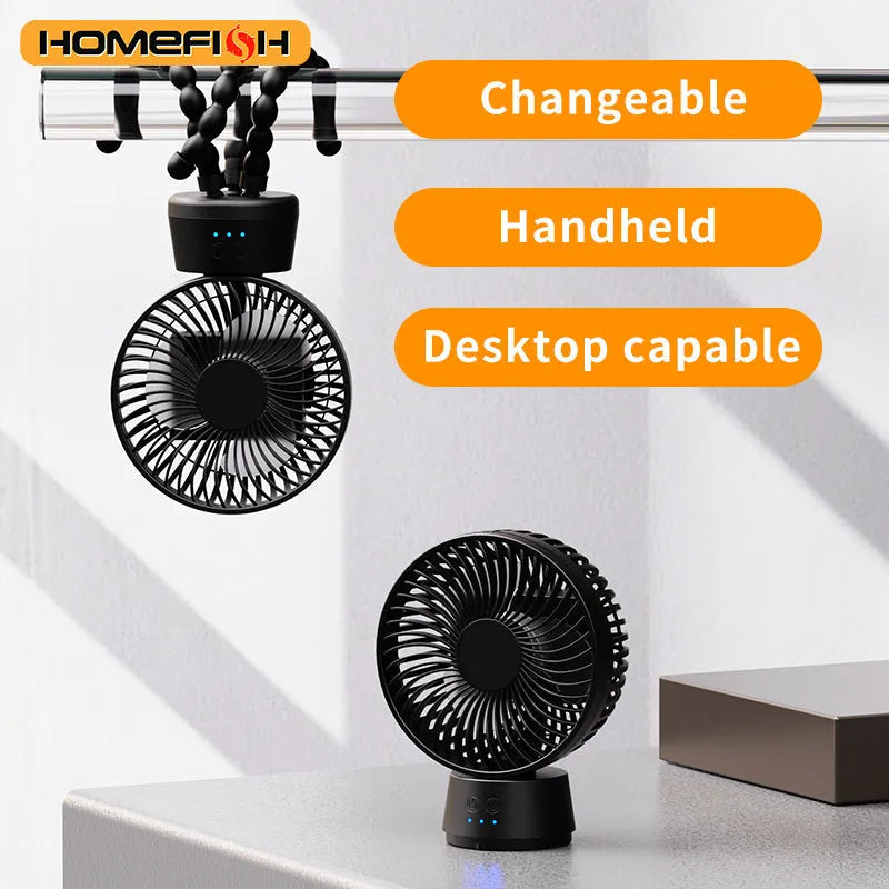 HOMEFISH F2 automatic shake head handheld fan with LED light and removable bracket on a table.