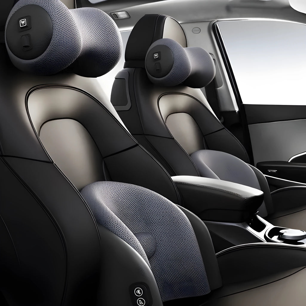 Car massage cushion with memory cotton filling in black, brown and grey colour options for headrest and lumbar support