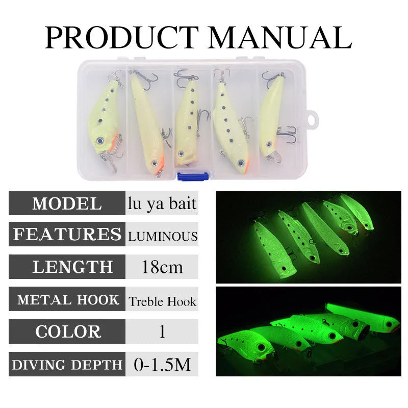 Set of five fluorescent hard plastic fishing lures with 3D simulation design.