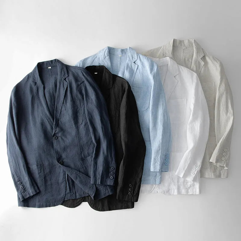 Men's loose fit linen suit jacket in a solid colour on a hanger, showing casual long sleeve design.