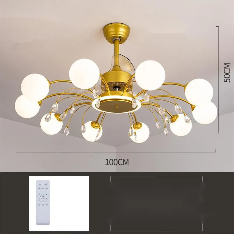 Gold finish ceiling fan chandelier with multiple lights and metal blades, shown installed in a living room.