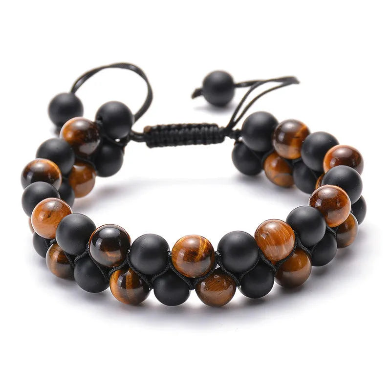 Matte black agate couple bracelets with geometric bead design