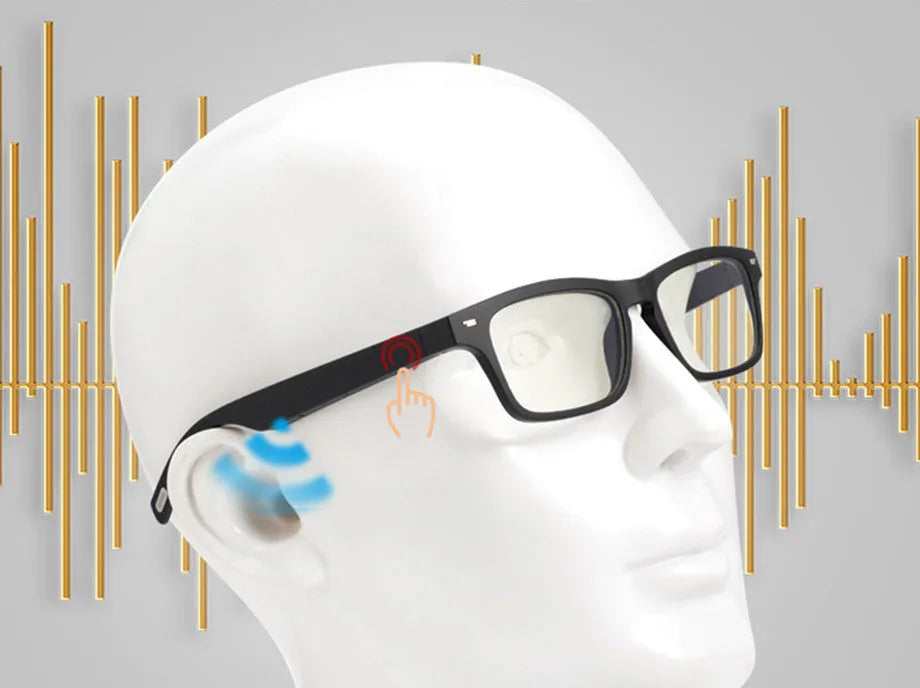 Smart Bluetooth audio glasses with semi-open ear speakers and dark polarised lenses.