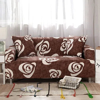 Geometric print polyester sofa slipcover stretched over sofa with matching pillowcase