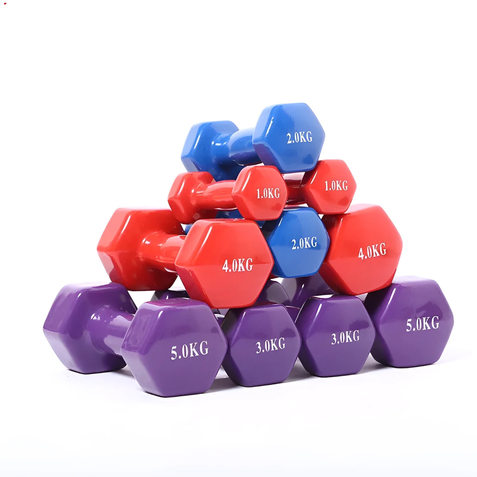 Colourful plastic fitness dumbbells in bright colours with glossy surface coating