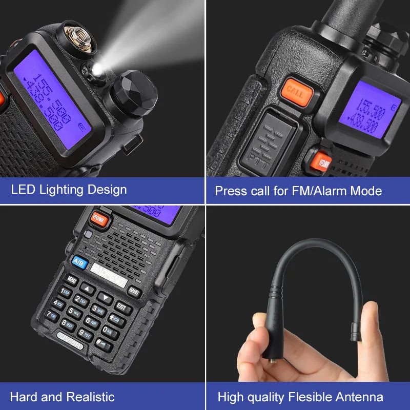 Black handheld VHF UHF walkie talkie with antenna, showing compact 110mm by 58mm size.