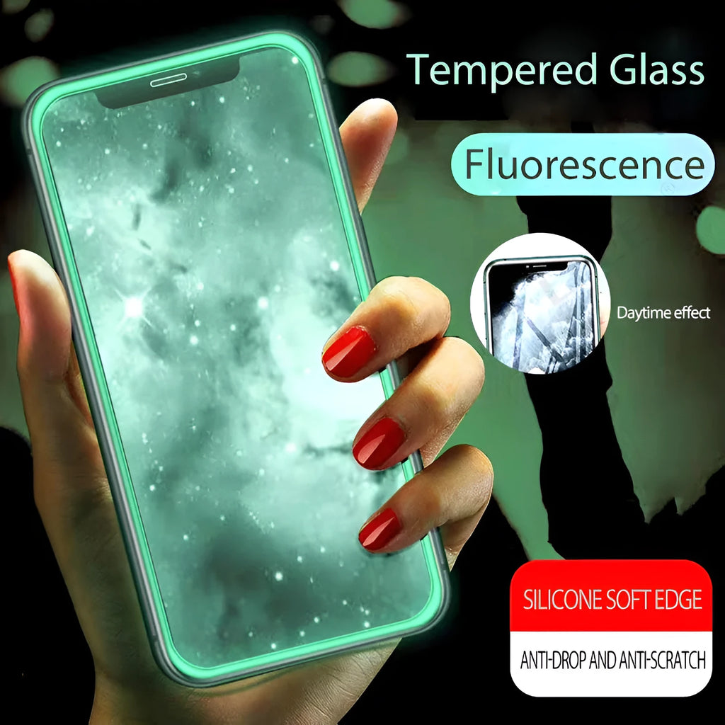 Luminous full cover tempered glass screen protector glowing on an iPhone in a dark setting.