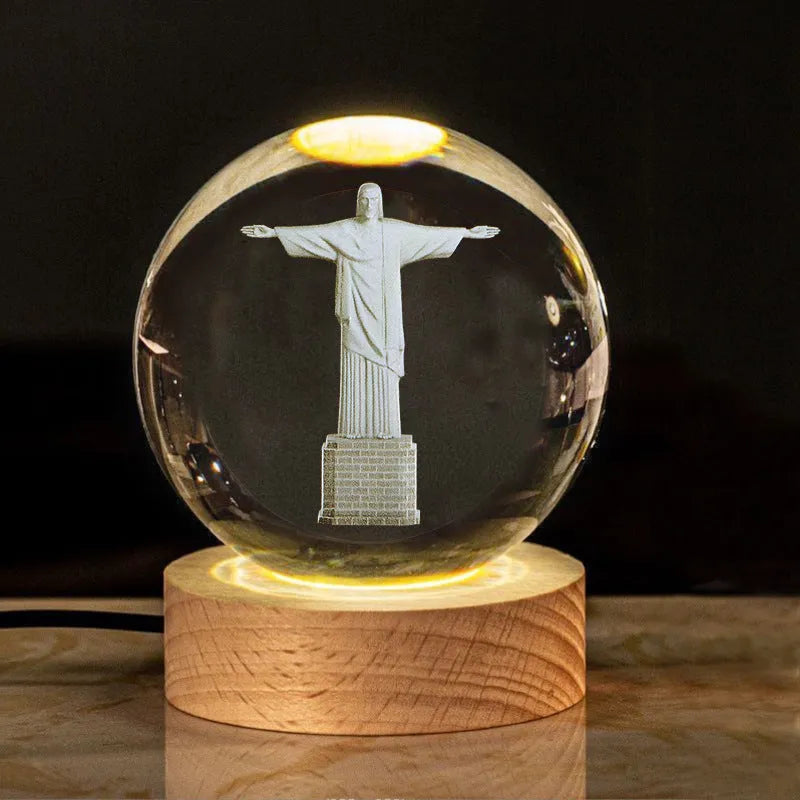 White crystal ball lamp with solid wood base and warm lighting in religious designs