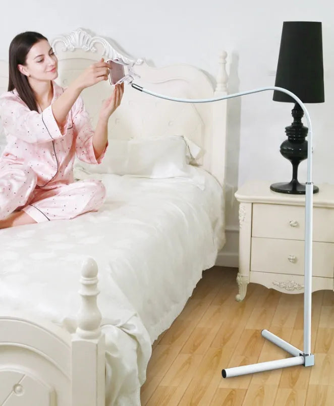 Black and white bedside mobile phone holder with universal bracket and adjustable overhead support shelf