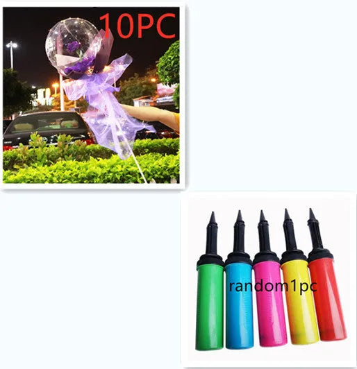 Transparent LED luminous balloon with artificial rose and built-in light, shown as a DIY bouquet kit.