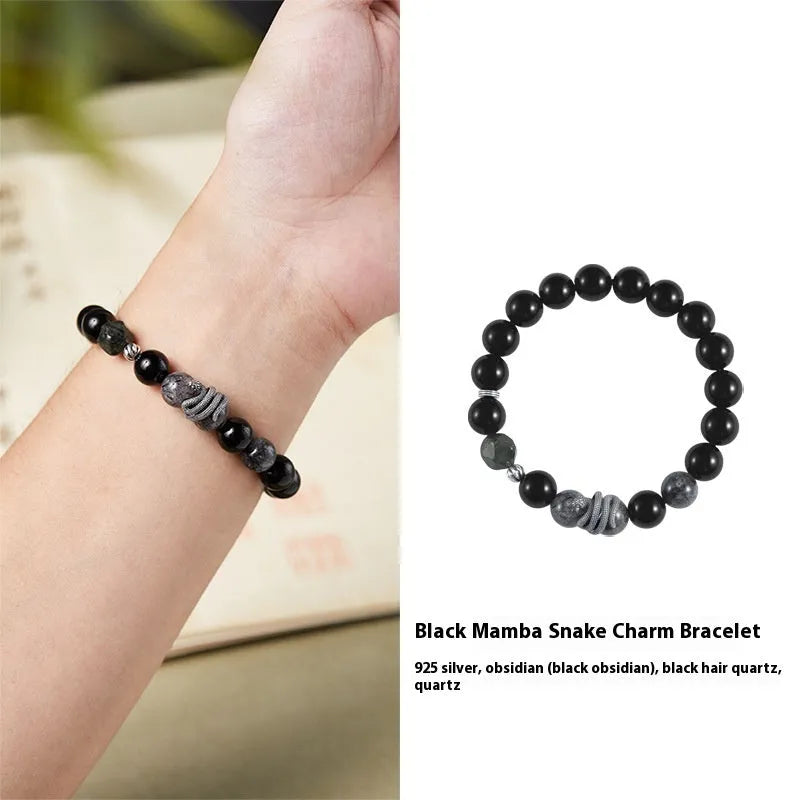 Men's retro 925 sterling silver bracelet with 10mm black obsidian snake crystal.