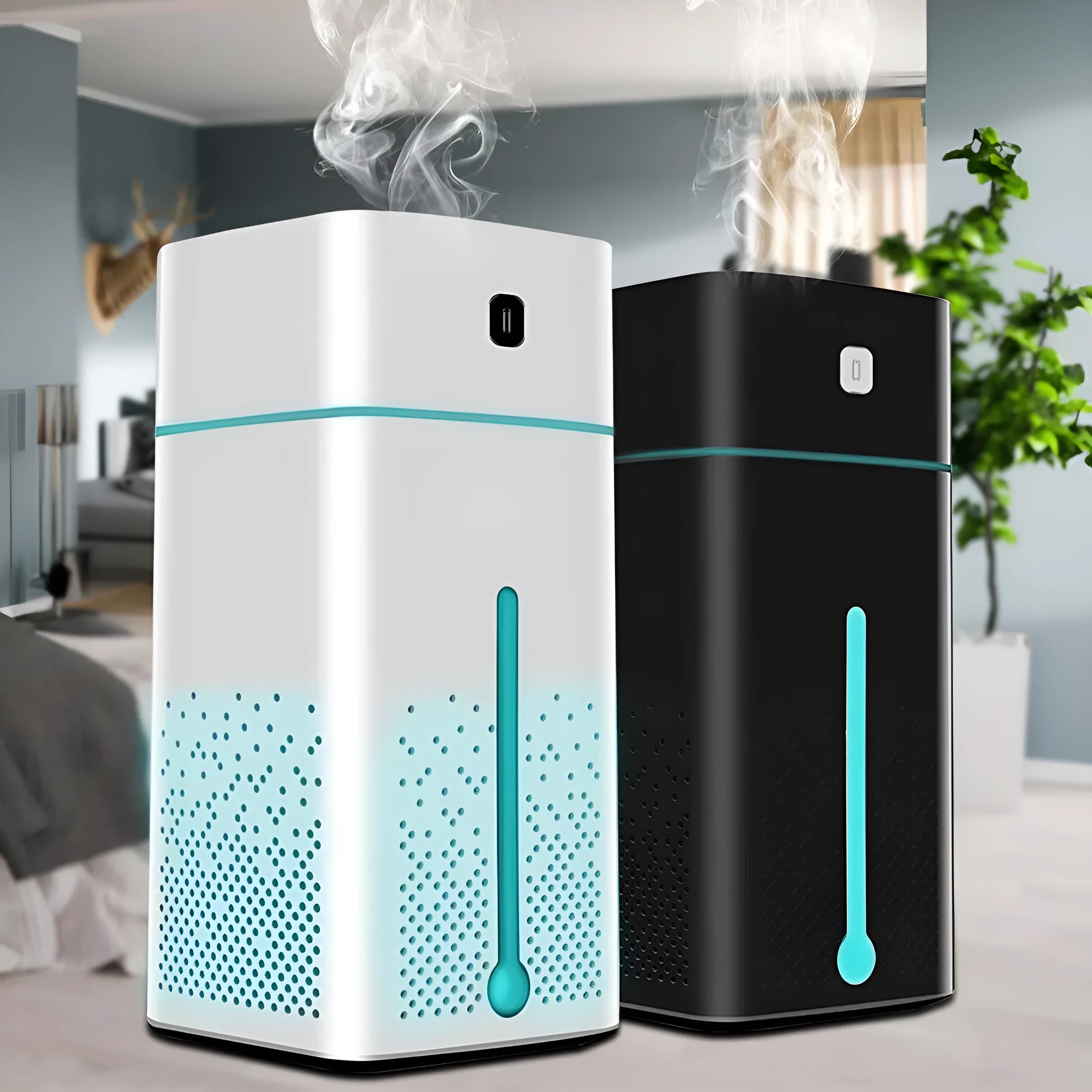 Black and white desktop humidifier with USB port and 1000ml water capacity for home office use