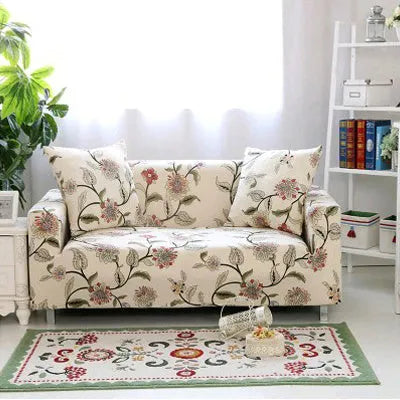 Geometric print polyester sofa slipcover stretched over sofa with matching pillowcase