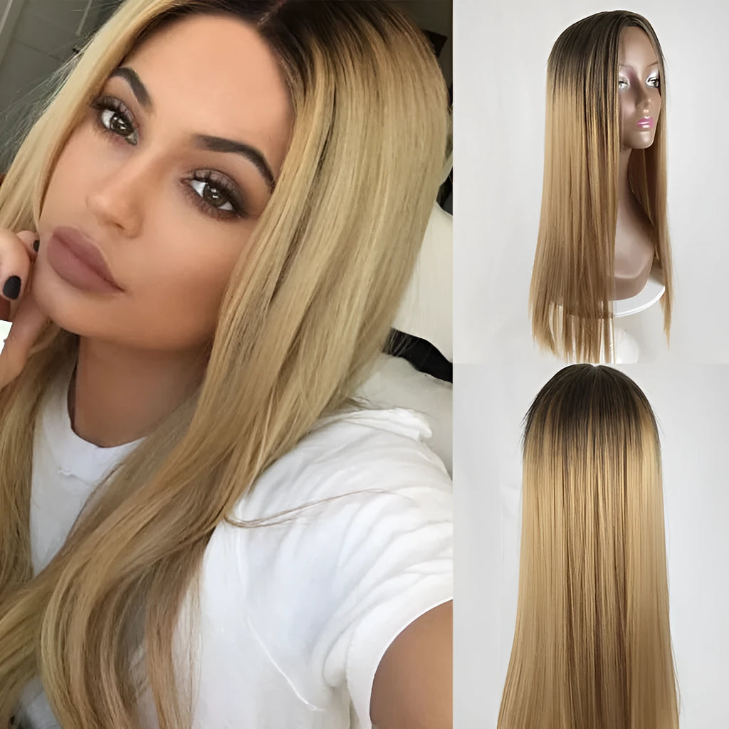 Long straight gradient fake hair wig with air bangs, high temperature silk, available in gradient colours