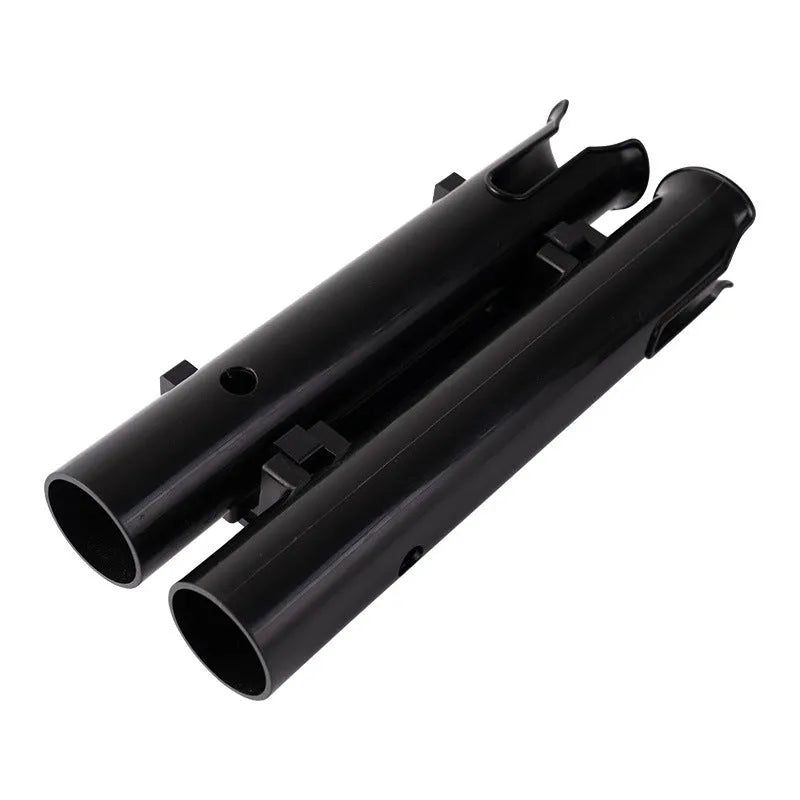 Plastic fishing rod rack with carbon finish mounted on a bicycle handlebar
