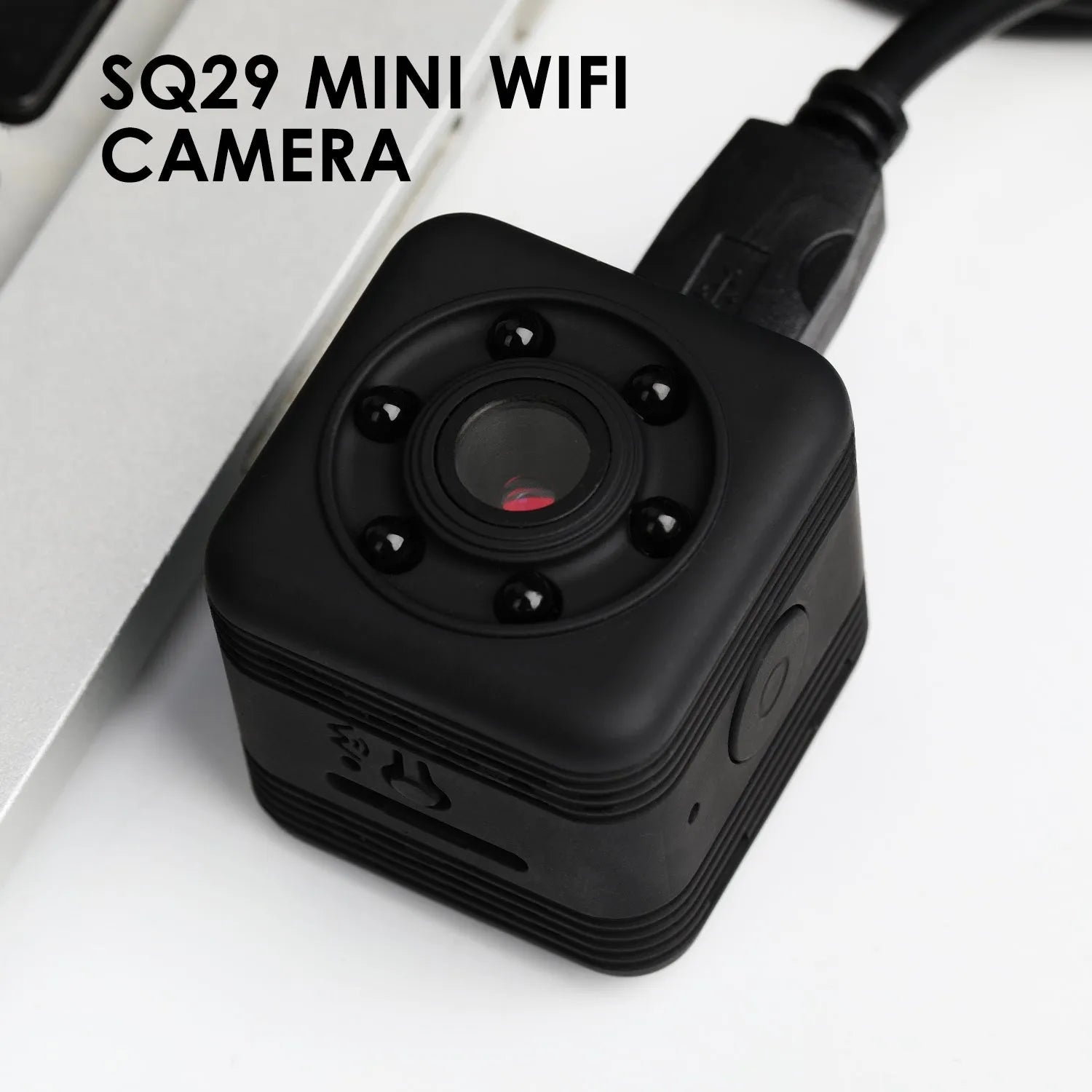 Black SQ29 waterproof sports camera with microUSB port and microSD card slot for action recording