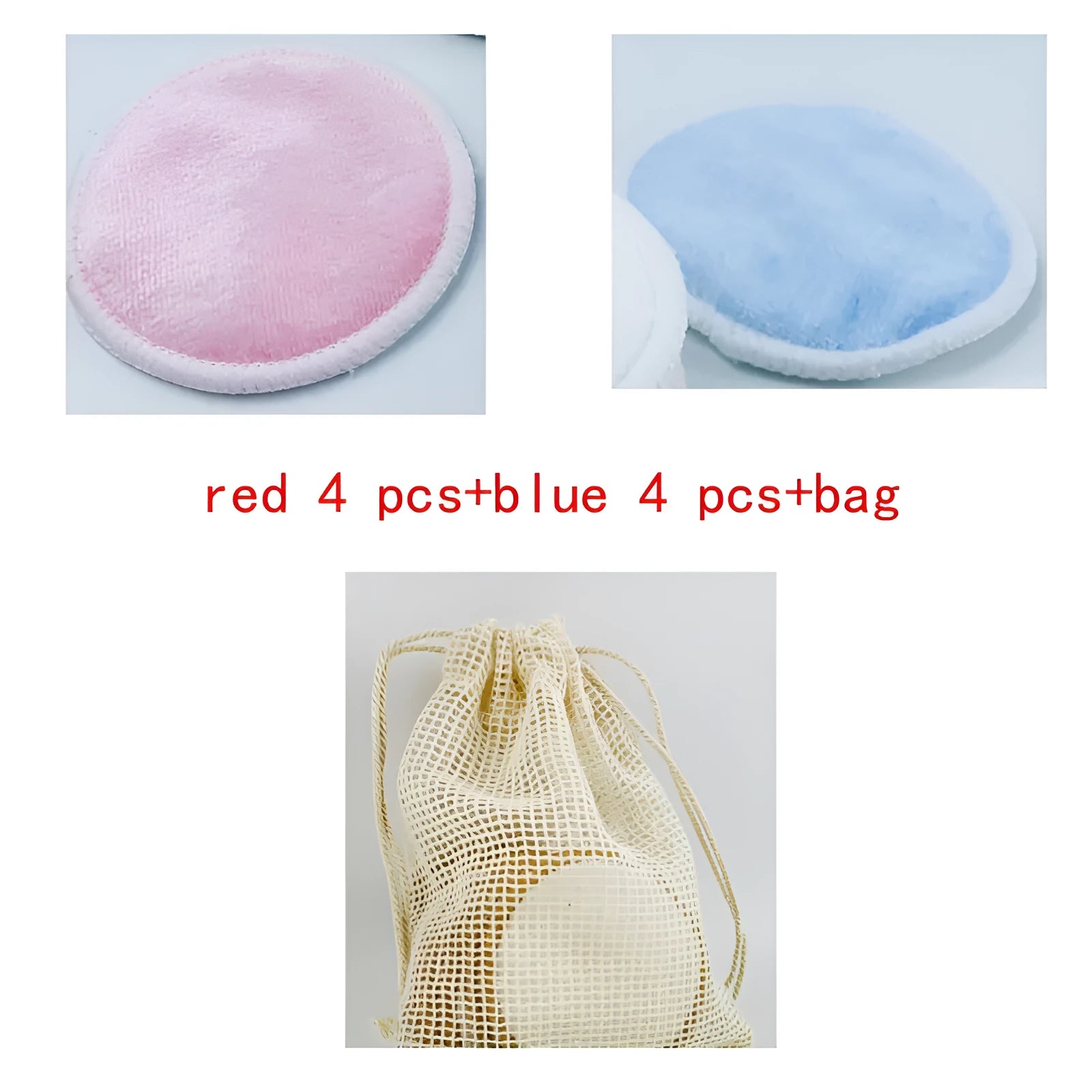 Set of red and blue velvet makeup remover pads in cotton mesh storage bag