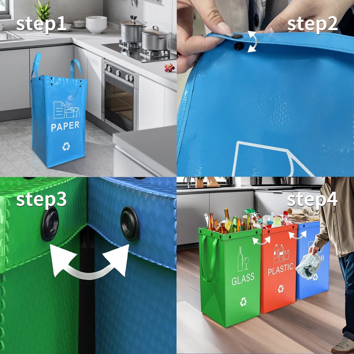 Blue 40L reusable PP waste sorting bag, 30cm wide by 50cm tall, standing upright.