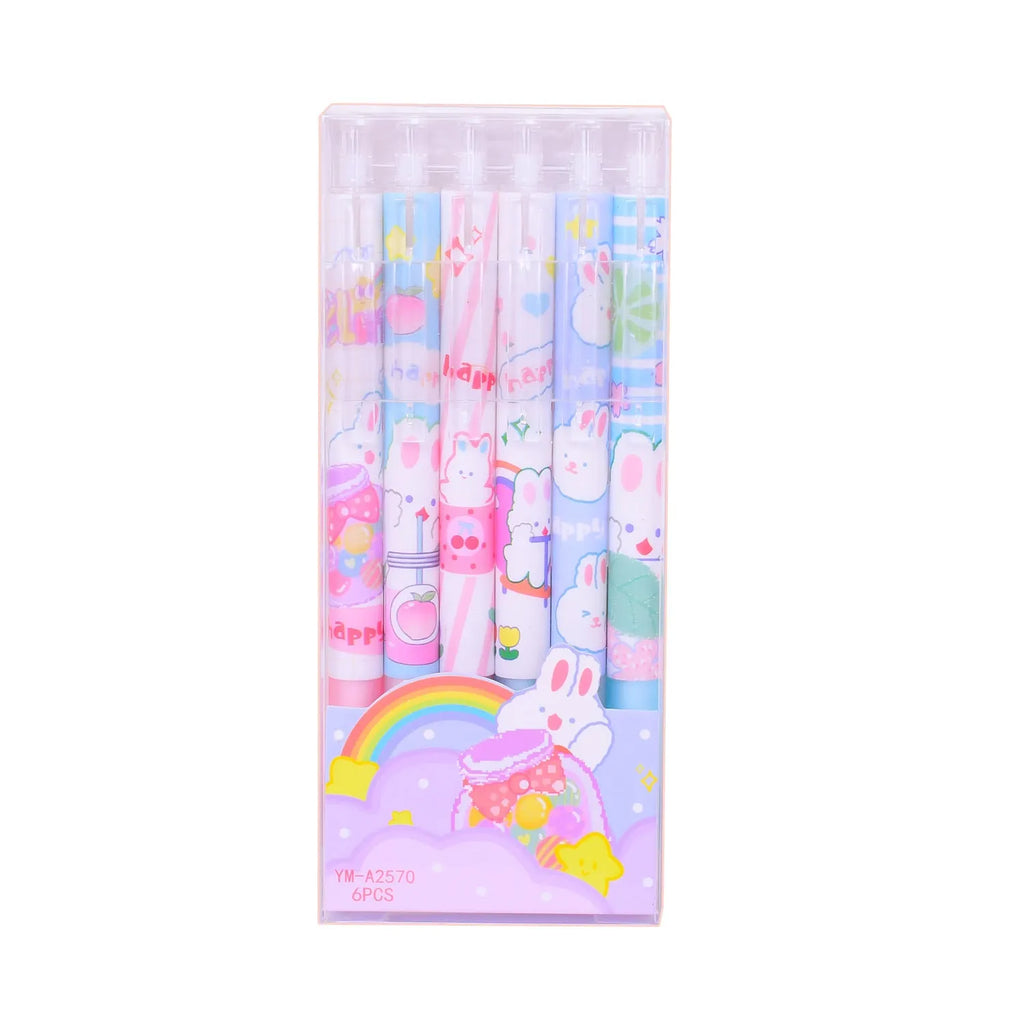 Six black plastic pens with cartoon bunny design and 0.5mm fine tips in an open box.