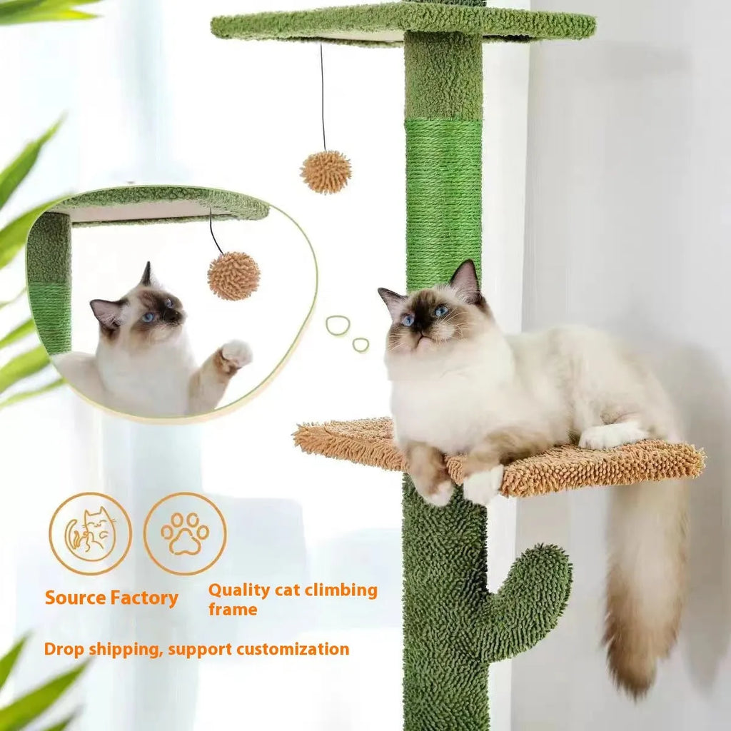 Solid wood cat climbing frame with cactus-shaped nest, scratch board, and toys measuring 240cm tall