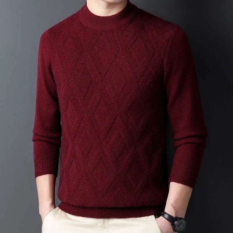 Men's diamond jacquard winter wool sweater in light camel colour, plus size thermal pullover